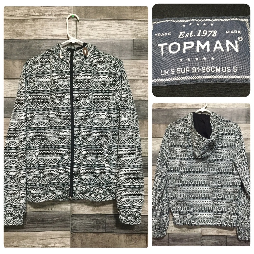 Topman Hooded Windbreaker Jacket Men’s S White Black Full Zip Lightweight